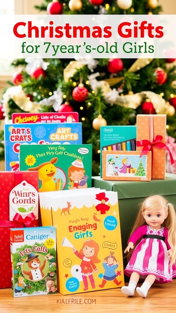 Top Christmas Gift Ideas for 7-Year-Old Girls A collection of Christmas gifts for 7-year-old girls, including arts and crafts kits, books, and toys, in a festive setting.
